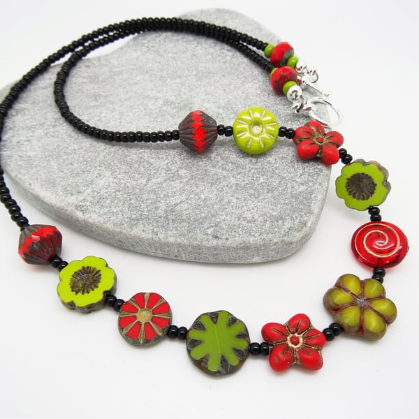 Czech Glass Necklace, Red Necklace, Lime Green Necklace, Flower Necklace. 