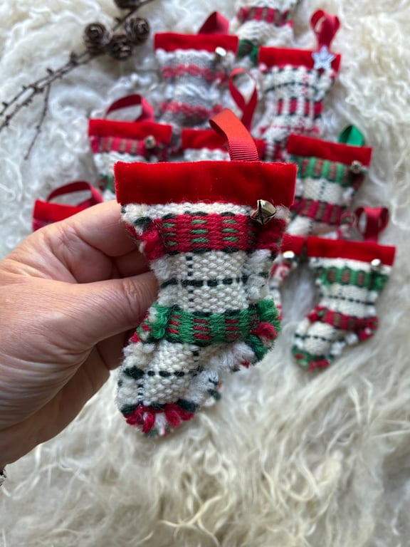Christmas Stocking decoration - Red & Green. Handwoven in Wales