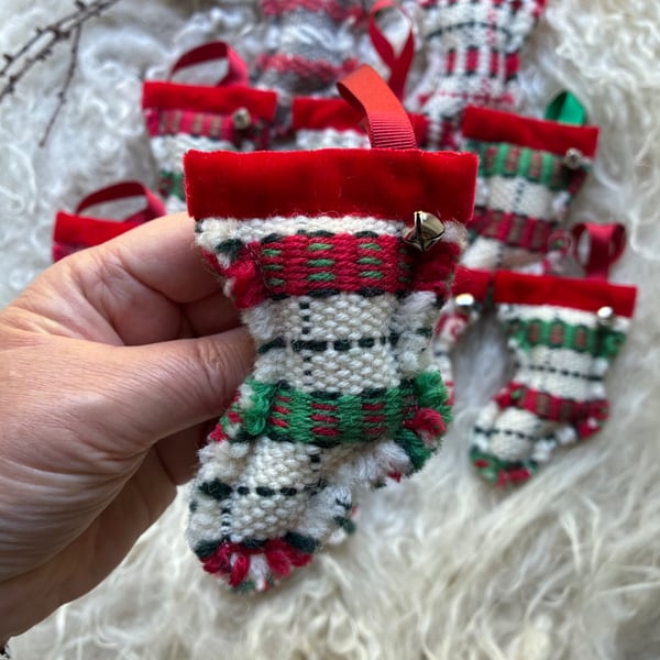 Christmas Stocking decoration - Red & Green. Handwoven in Wales