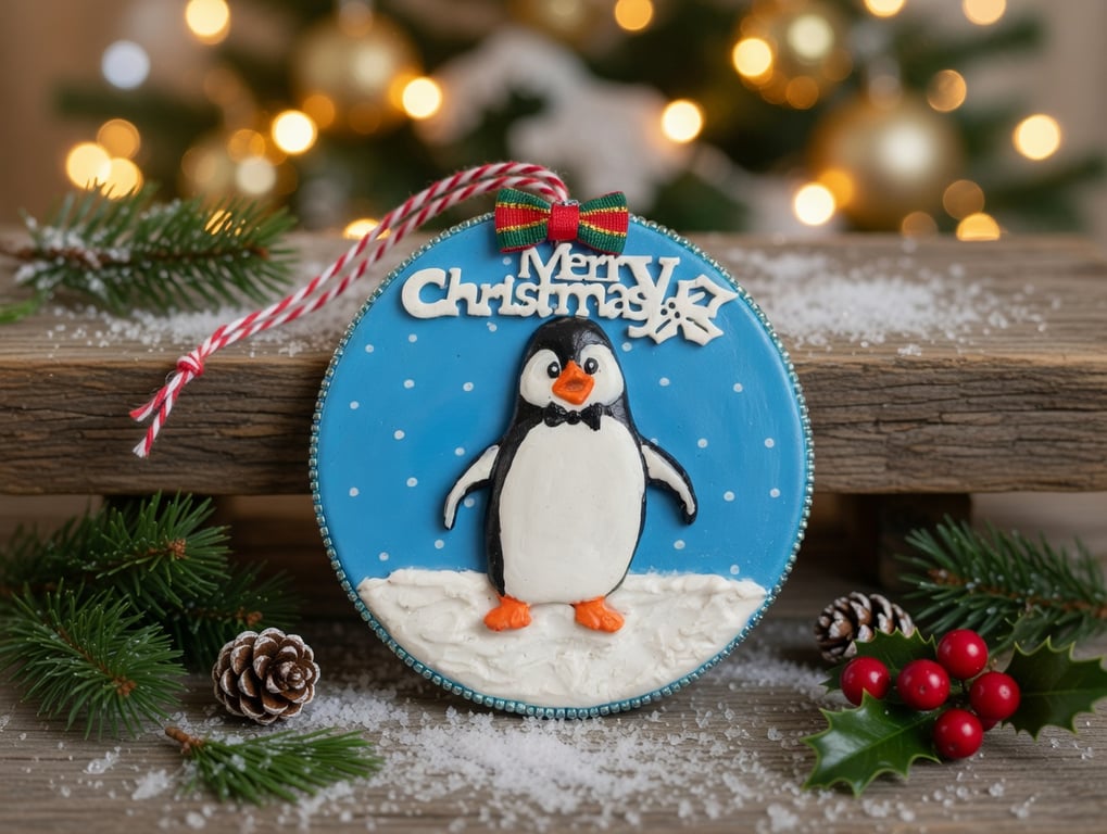 Handmade Air Dry Clay Penguin Christmas Hanging Decoration