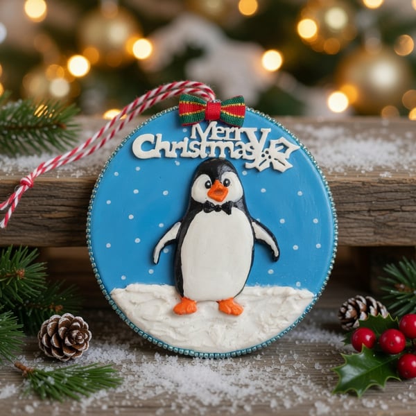 Handmade Air Dry Clay Penguin Christmas Hanging Decoration