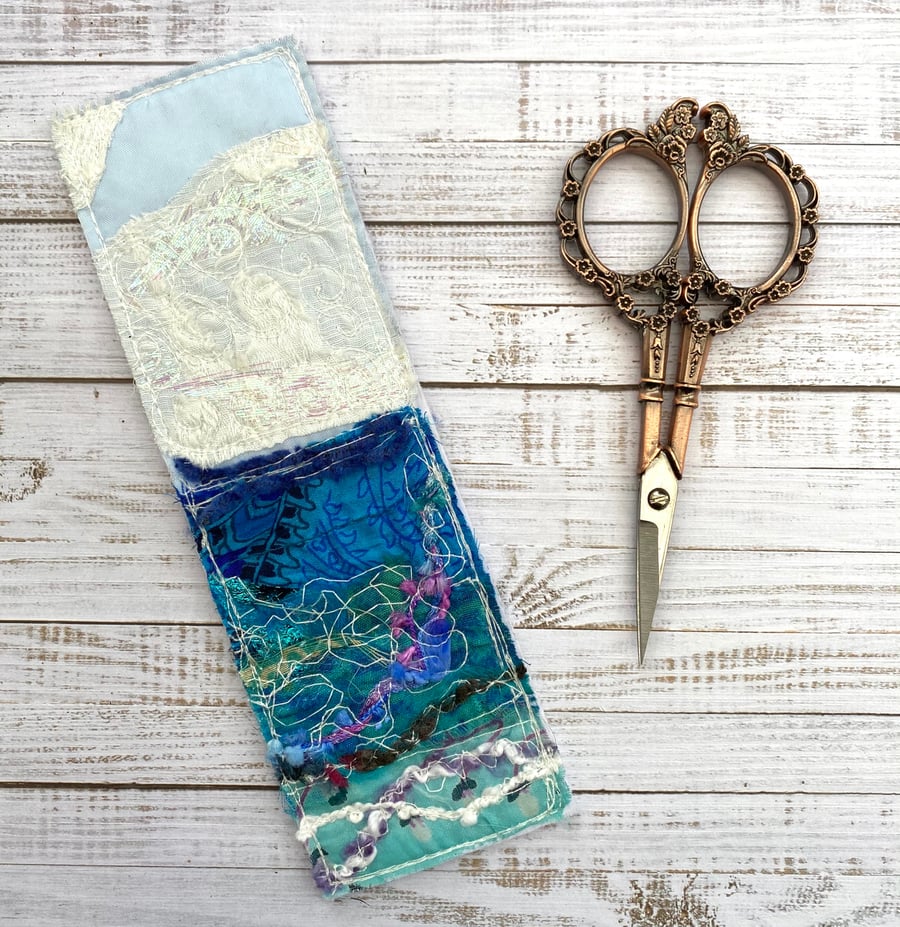 Embroidered up-cycled seascape bookmarks