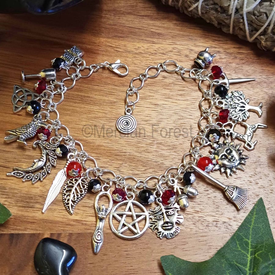 Pagan Ways Charm Bracelet in Gothic Tones Handmad Jewellery Wiccan Witch Druid