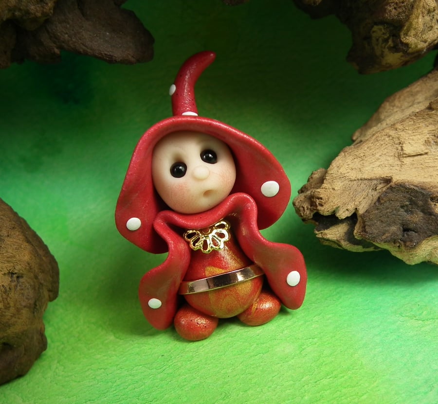 Tiny Toadstool Gnome with fly agaric robes 'Gert' OOAK Sculpt by Ann Galvin
