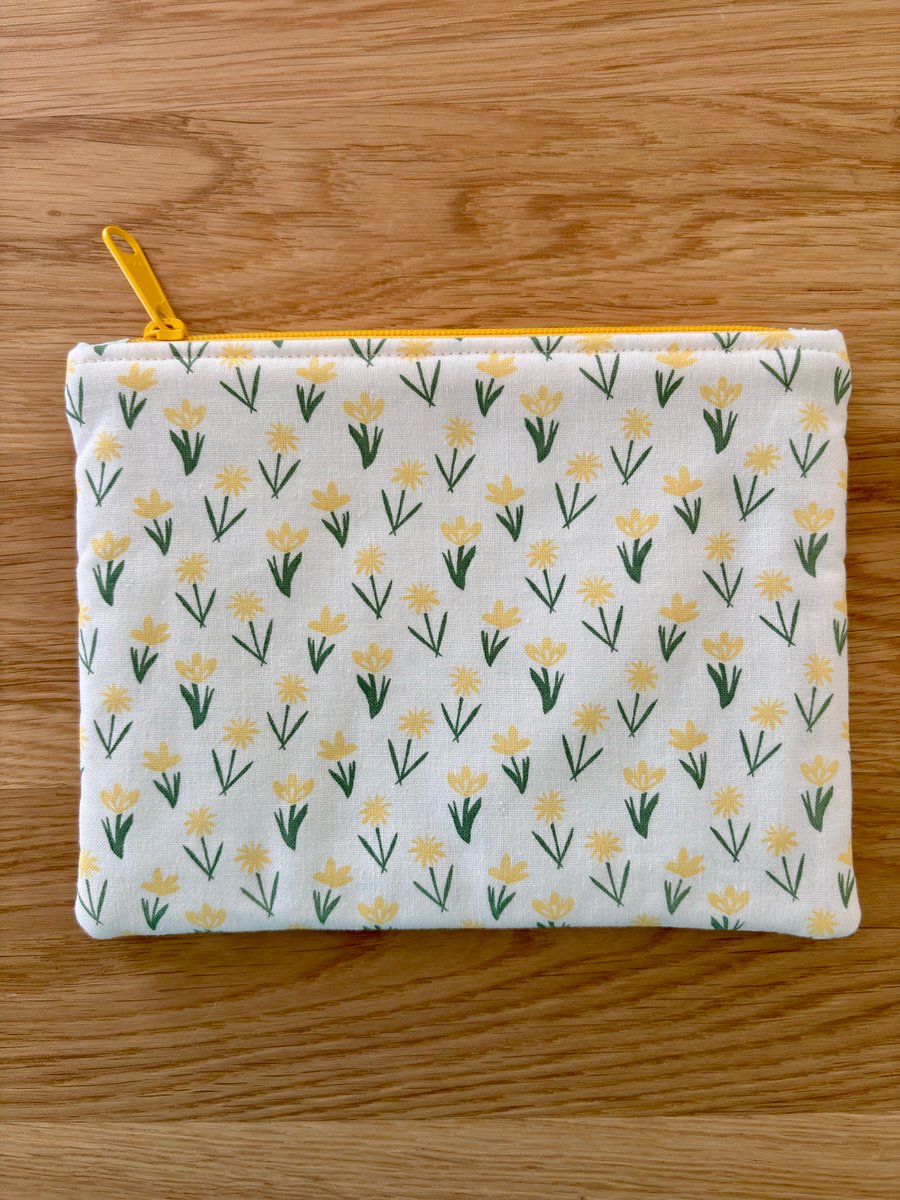 Zipped fabric pouch, purse, make up bag, in a white, yellow, green floral print