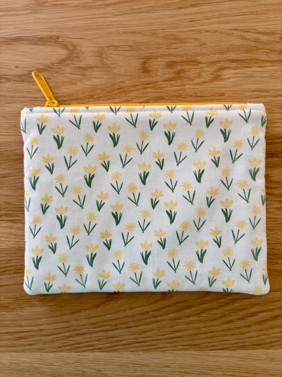 Zipped fabric pouch, purse, make up bag, in a white, yellow, green floral print