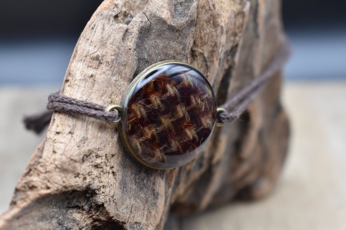 Harris Tweed Resin Bracelet, Red & Yellow, Adjustable Cotton Cord, Scottish Made