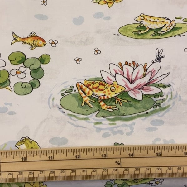 Fat Quarter Leap Frog Frog Scene On White 100% Cotton Quilting Fabric