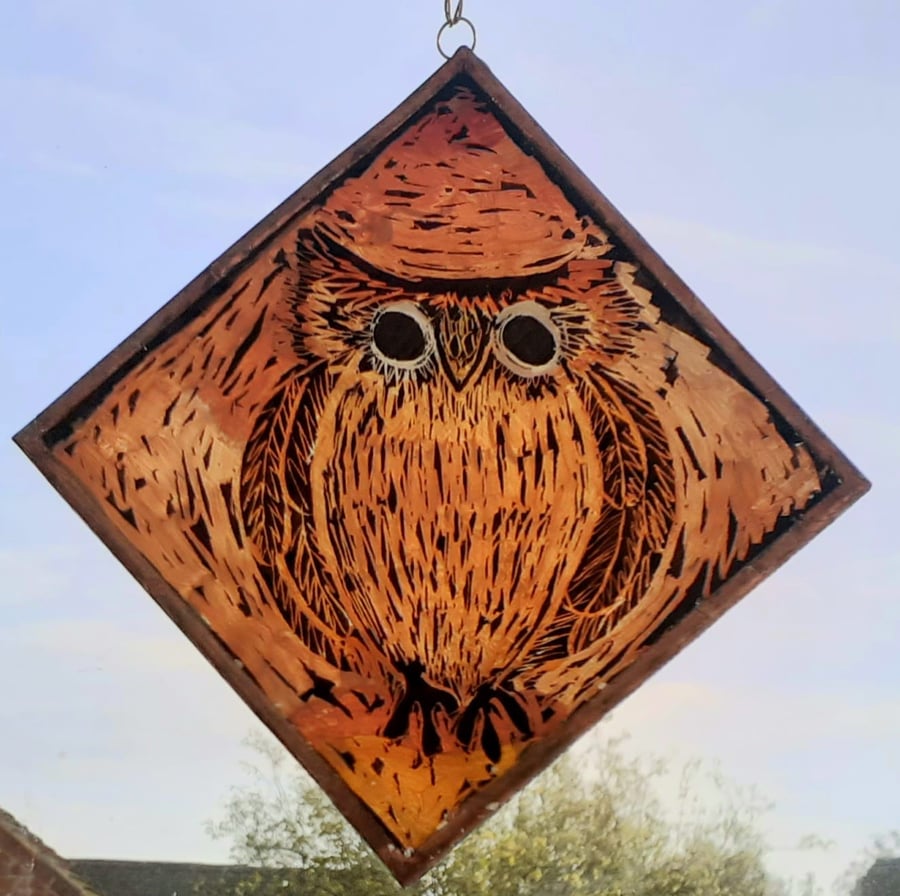 OWL SUNCATCHER  or WALLHANGING 3 x 3". Handpainted Glass.