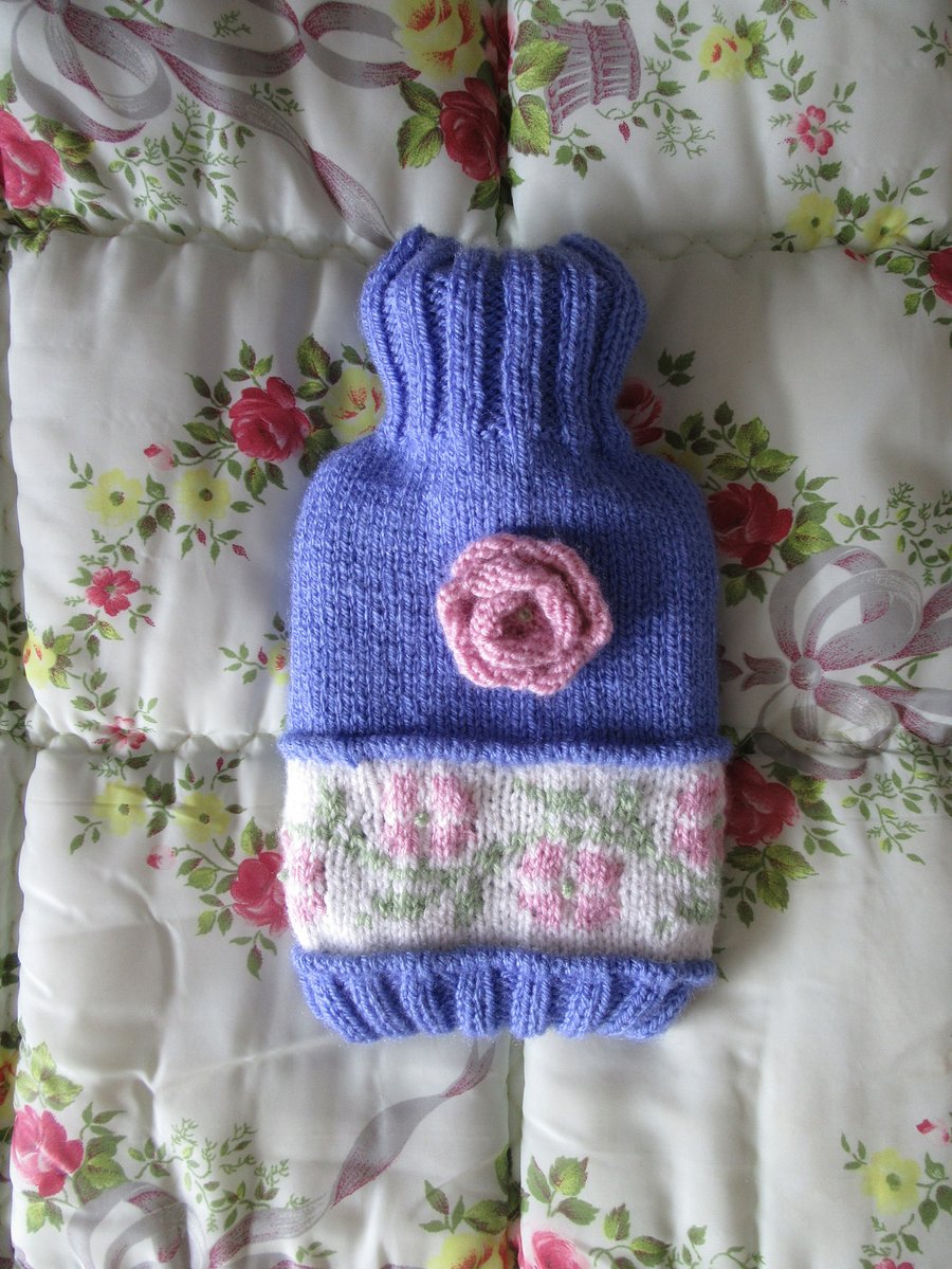 Hand knitted fairisle and rose hot water bottle cover