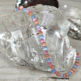 AL87 Pink, blue and beige cats eye beaded anklet, 27cm