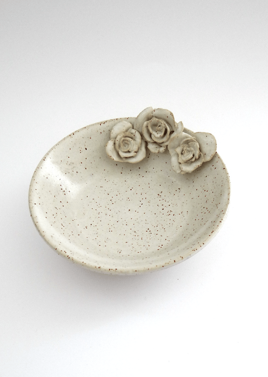 Ceramic dish with roses in cream and burnt orange - handmade pottery