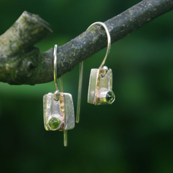 Smaller Silver and Gold Strata Dangle Earrings with Peridots 