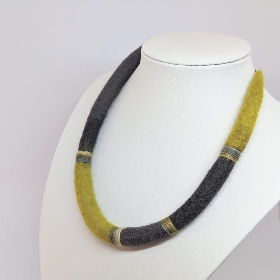 Felted cord necklace - shades of greys and yellow