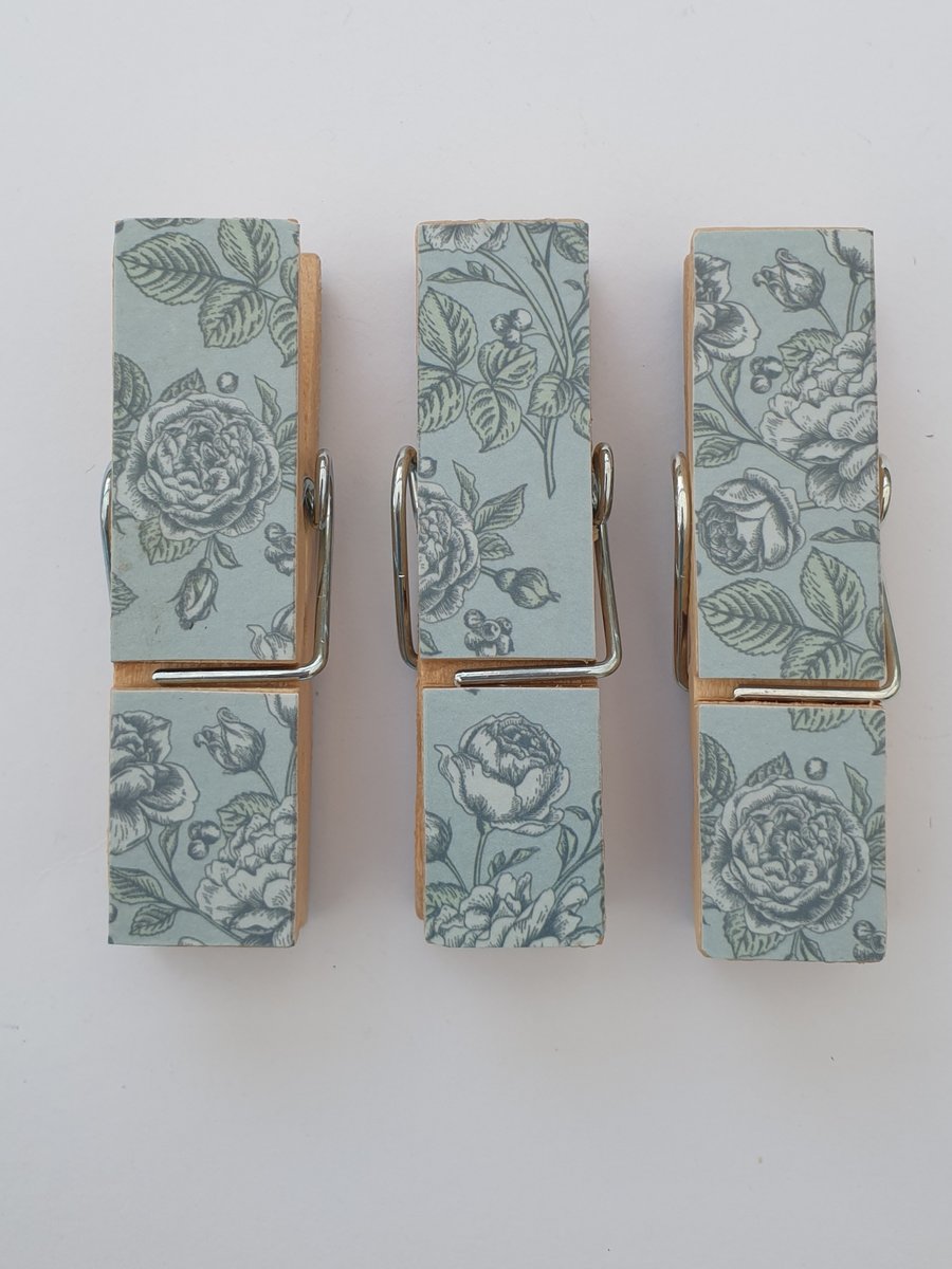 Flower fridge Magnets, magnetic pegs, decoupage teal flowers, set of 3 