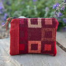 Orange and red wool and corduroy coin purse small pouch