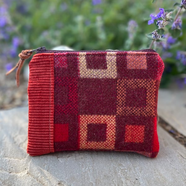 Orange and red wool and corduroy coin purse small pouch