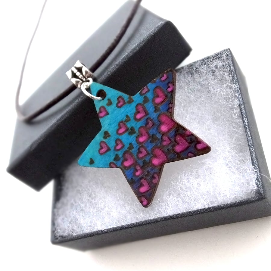 Tiny Hearts Hand Burned and Coloured Pyrography Pendant