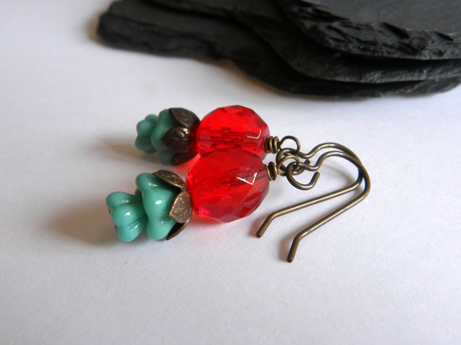 Ruby Turquoise - Czech Glass Drop Earrings