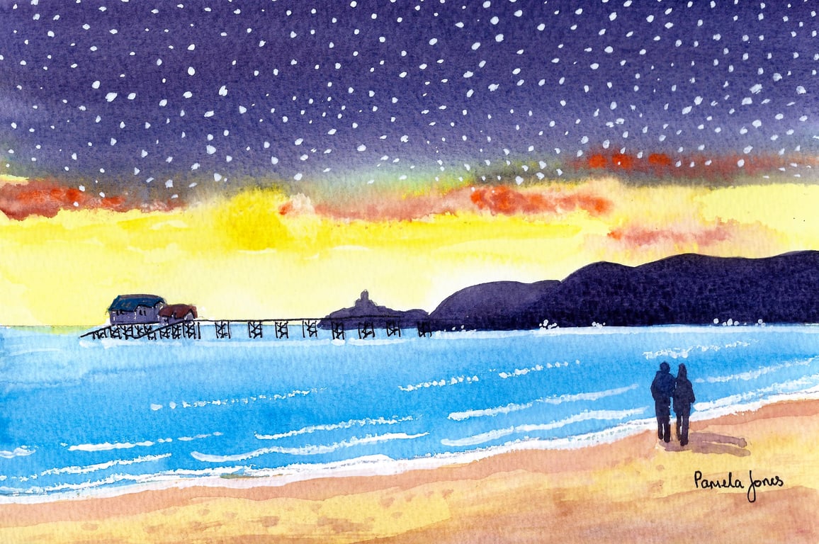 Walk Under the Stars, Mumbles Print, Wales,  Watercolour Print in 9 x 7 '' Mount
