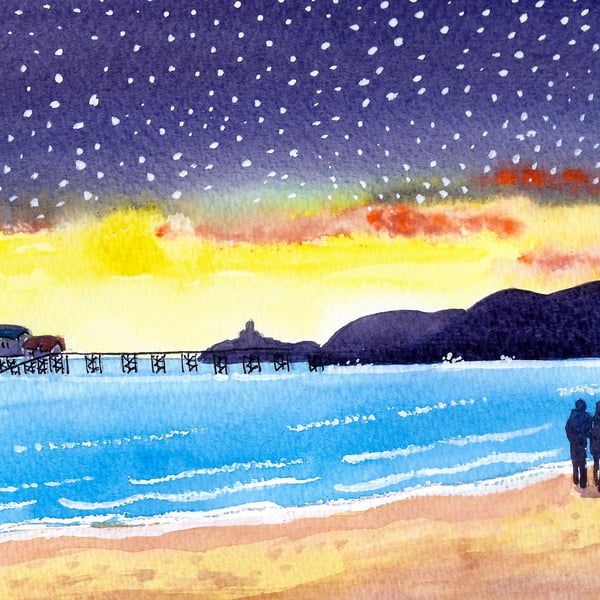 Walk Under the Stars, Mumbles Print, Wales,  Watercolour Print in 9 x 7 '' Mount