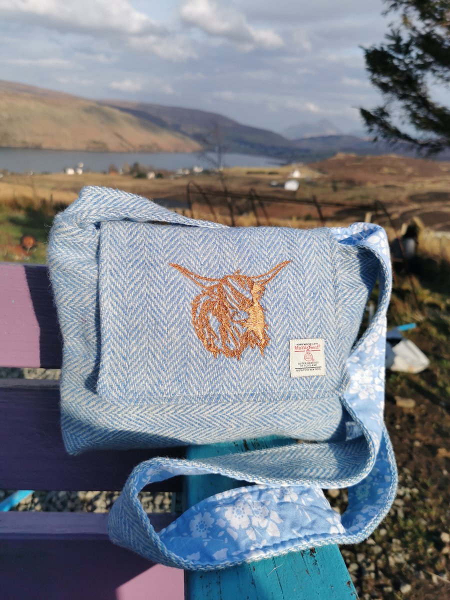Harris Tweed crossbody bag with embroidered Highland cow