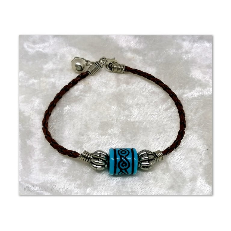 Surfers bracelet, brown faux Leather with Turquoise and Silver beads.
