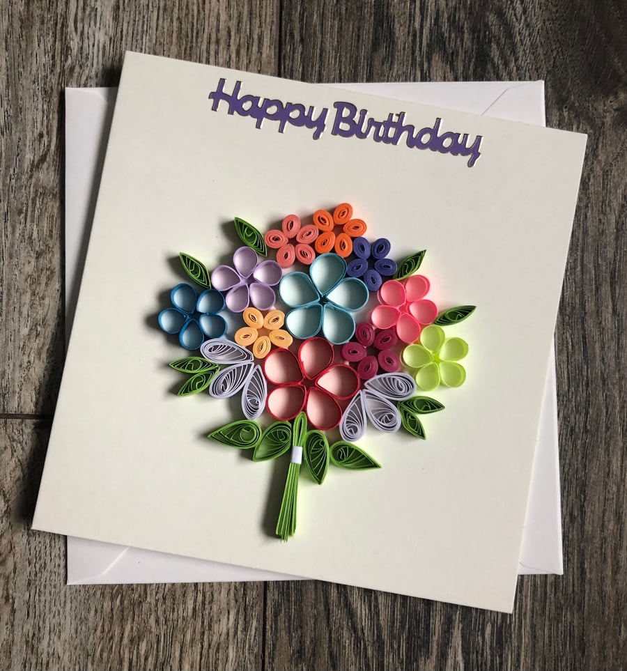 Handmade quilled happy birthday mixed colour bouquet 