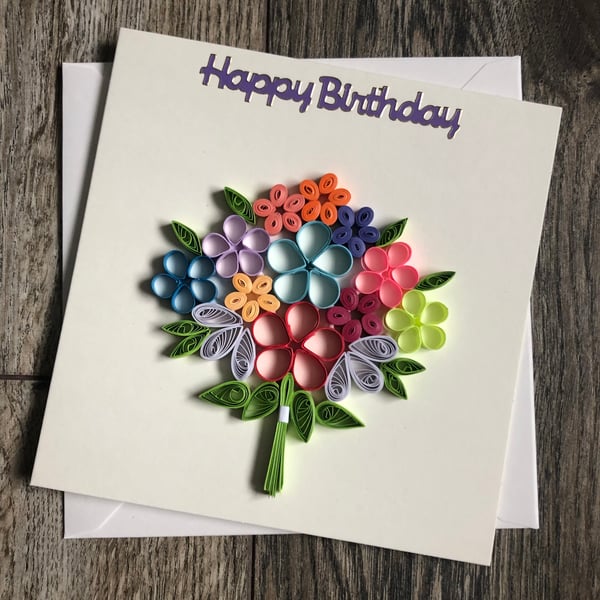 Handmade quilled happy birthday mixed colour bouquet 