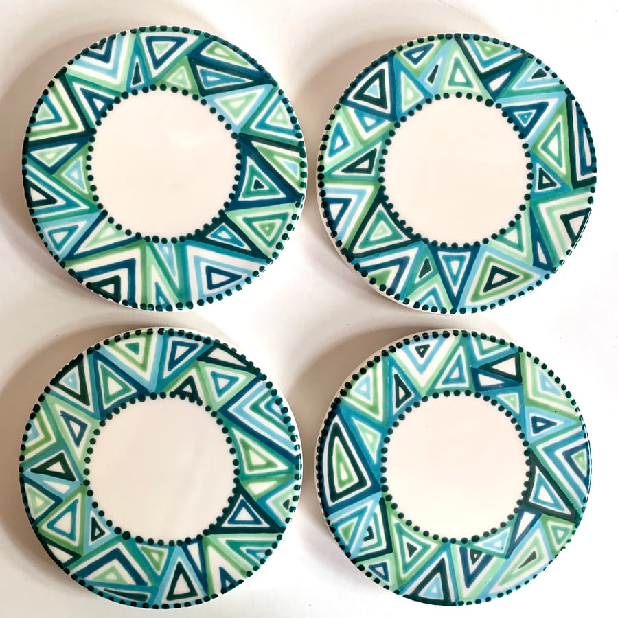 Set of 4 Hand Painted Ceramic Coasters, modern geometric pottery coaster