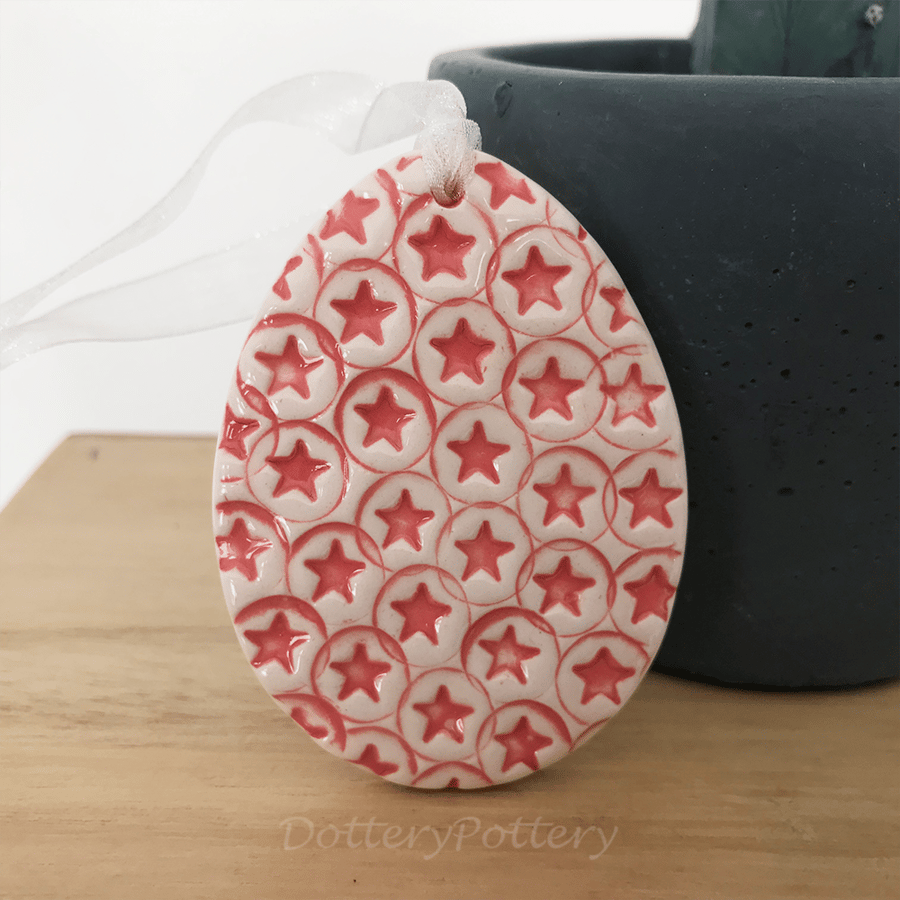 Sale Pottery Easter Egg decoration with pink stars  