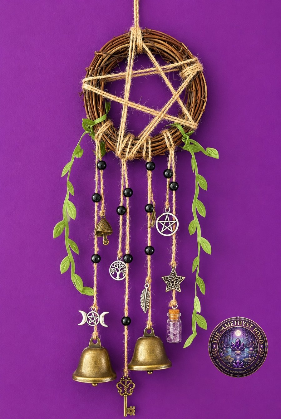 Handmade Witch Bells Door Hanger, Pentacle Protection Charm, Pagan Wiccan Decor,