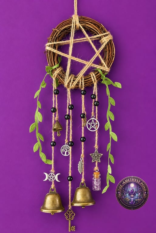 Handmade Witch Bells Door Hanger, Pentacle Protection Charm, Pagan Wiccan Decor,