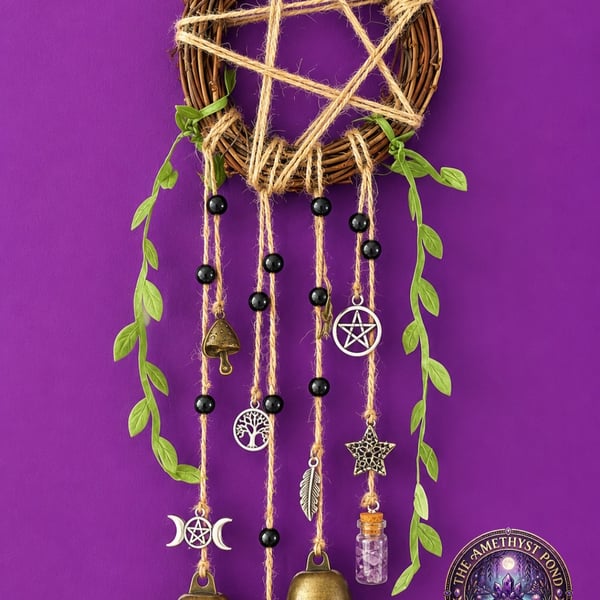 Handmade Witch Bells Door Hanger, Pentacle Protection Charm, Pagan Wiccan Decor,
