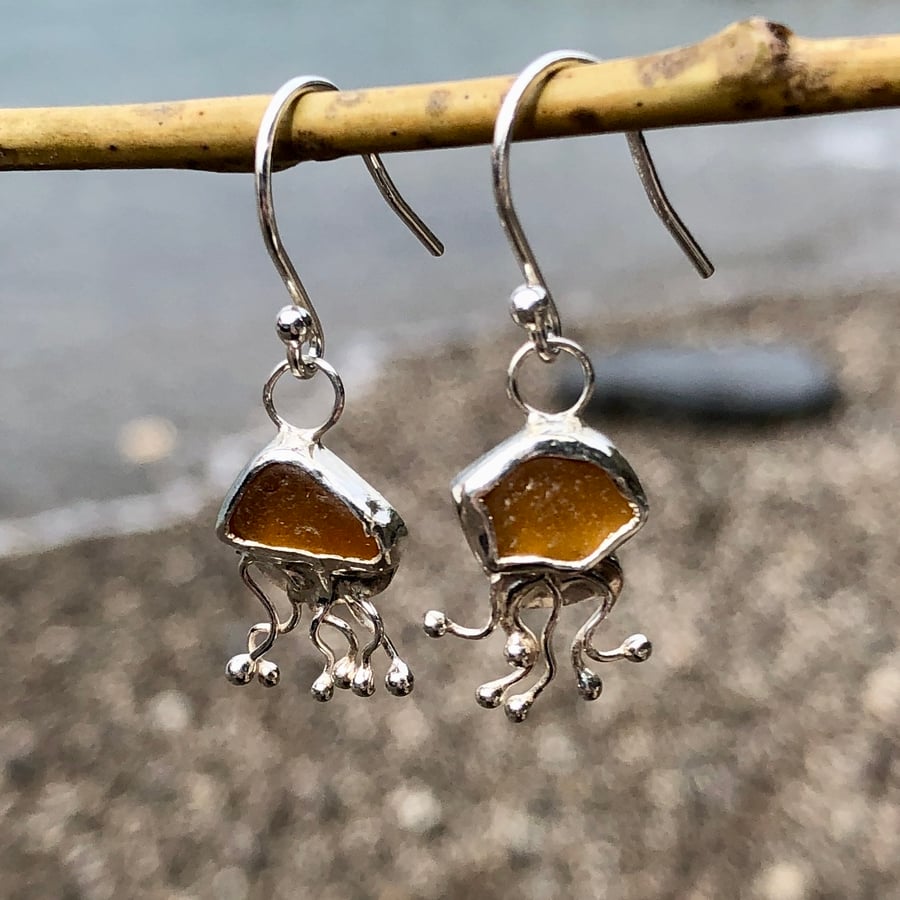 Khaki Brown Sea Glass and Sterling Silver Jelly Fish Earrings - 1043