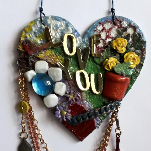 Mixed Media Garden Themed Love You Hanging Heart