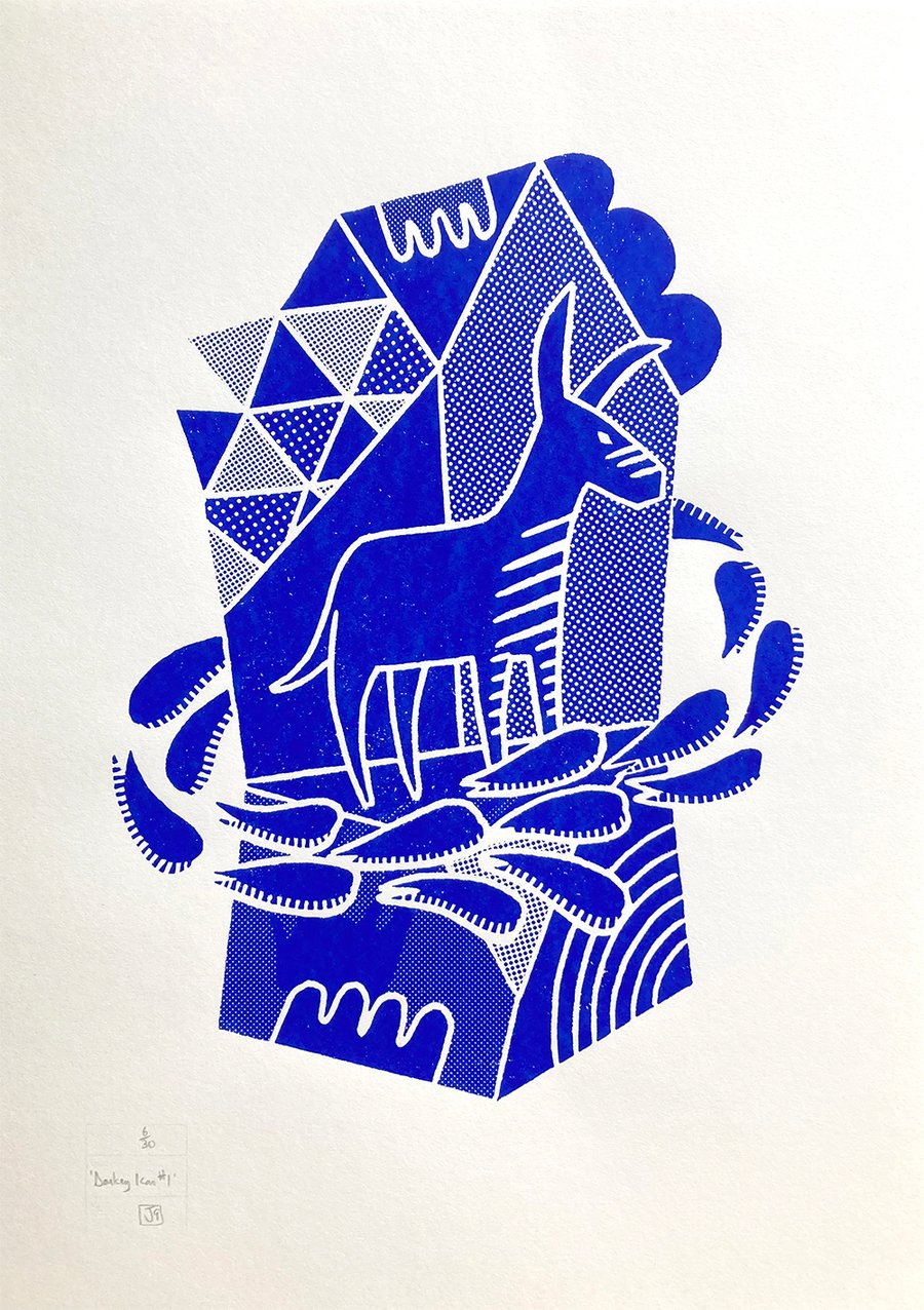 Donkey Icon No.1 A2 linocut screen-print (blue ink on cream paper)