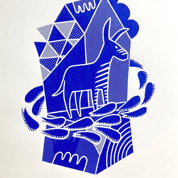 Donkey Icon No.1 A2 linocut screen-print (blue ink on cream paper)