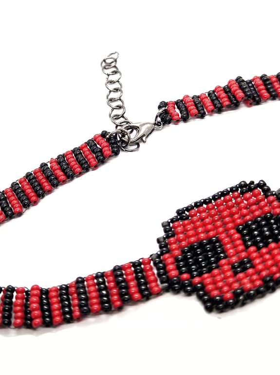 Red and black beaded skull striped choker necklace