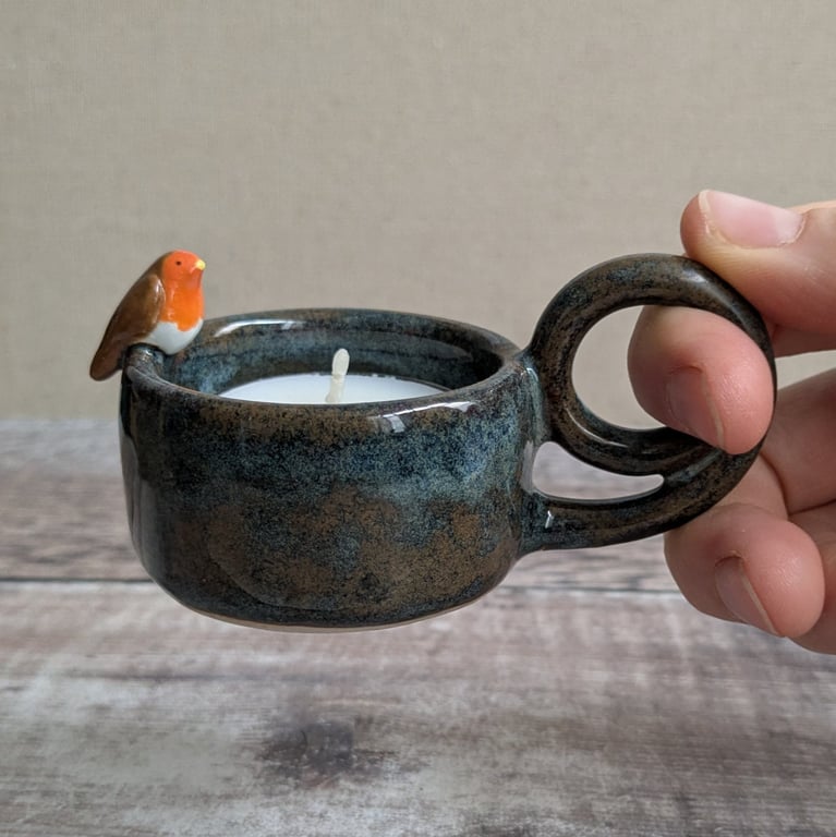 Ceramic tealight holder with mini robin, brown blue glaze