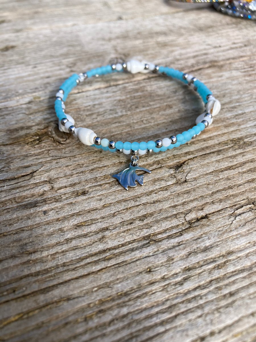 Wrap around Beaded anklet or bracelet with shells and fish charm