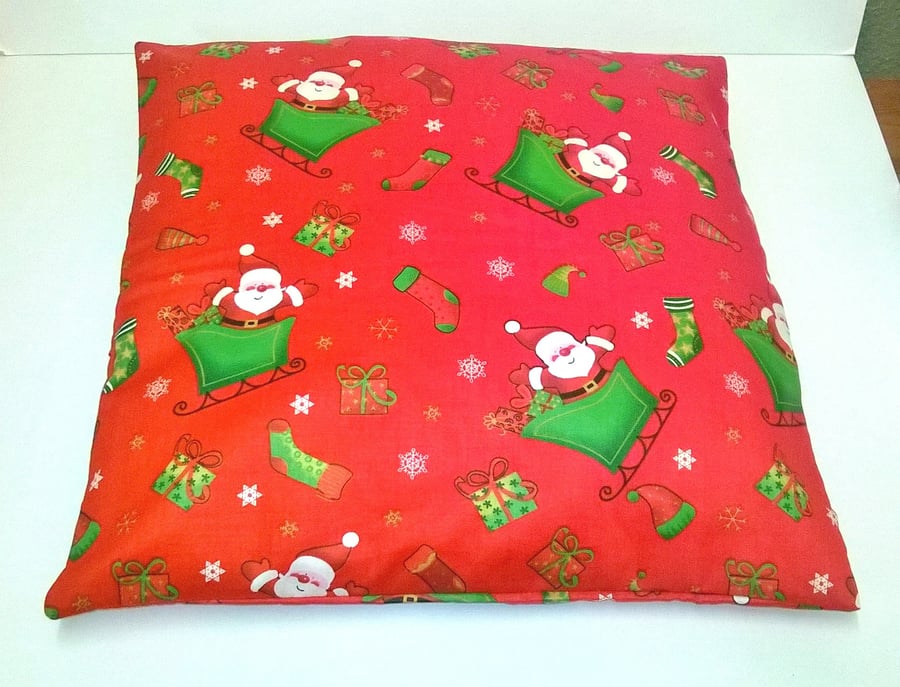 Christmas Cushion Cover, bright red with Santa, gifts and stocking 16" x 16"