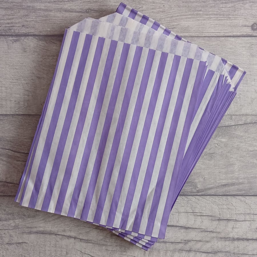 50 Purple & White Striped Paper Bags, 7" x 9", 23 x 17 cm ideal for craft shows