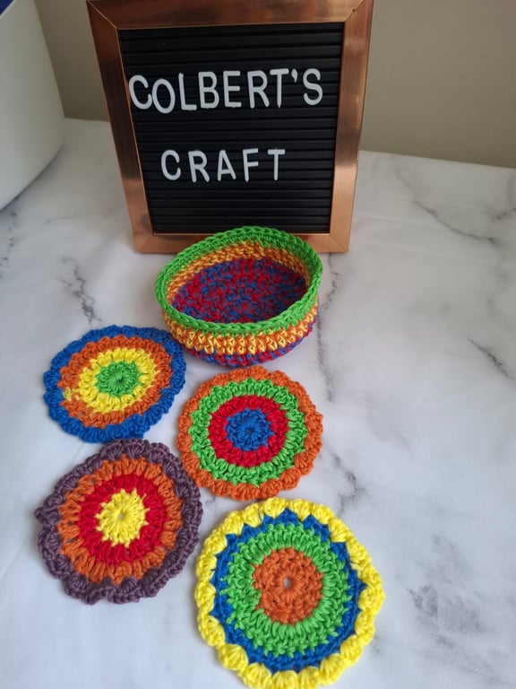 Bright, colourful crochet coasters