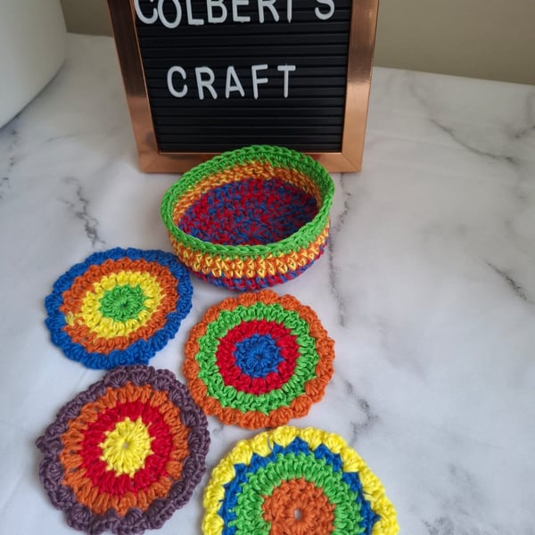 Bright, colourful crochet coasters
