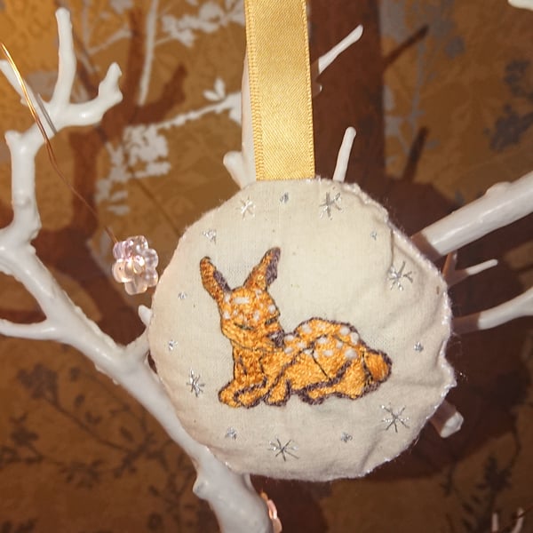 Hand embroidered Fawn Fabric Bauble, Christmas Decoration 