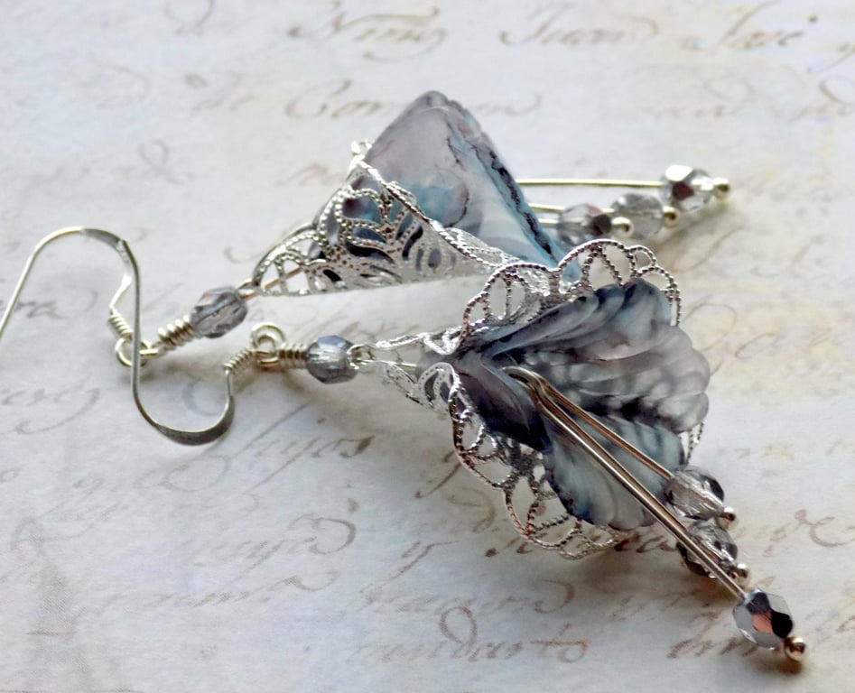 Grey and Silver Flower Earrings, Hand Painted Flower Earrings, Boho Flower Dangl