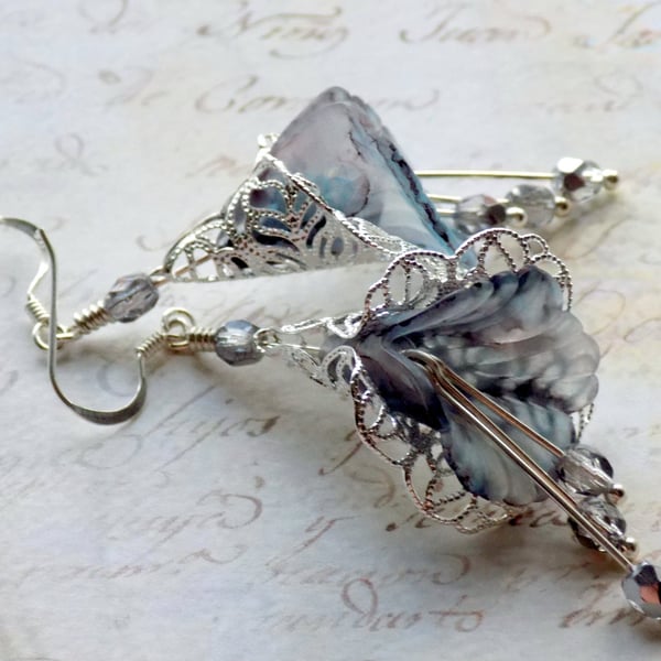 Grey and Silver Flower Earrings, Hand Painted Flower Earrings, Boho Flower Dangl