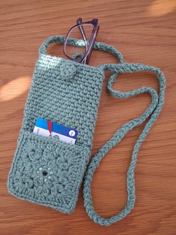 Sage Green Crochet Phone Or Glasses Bag With Pocket And Beads (J198)