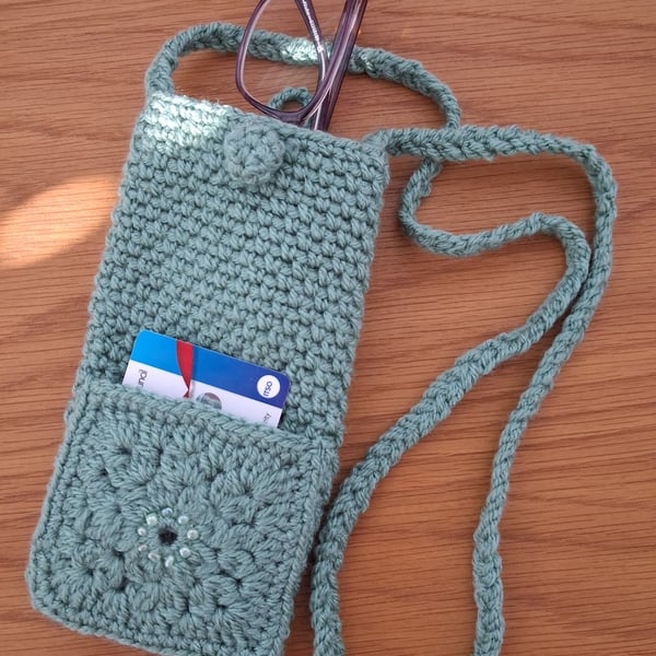 Sage Green Crochet Phone Or Glasses Bag With Pocket And Beads (J198)
